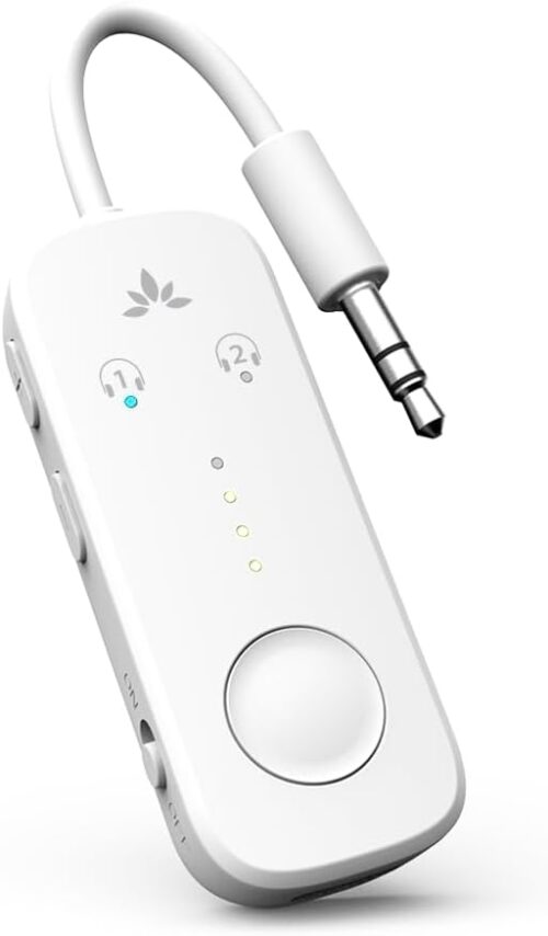 Avantree Relay - Premium Airplane Bluetooth Adapter with Advanced Qualcomm Chipset, 2 Headphones Support, 25hrs Play Time, aptX Adaptive & HD Audio Transmitter for Airpods, Bose & Travel Flight