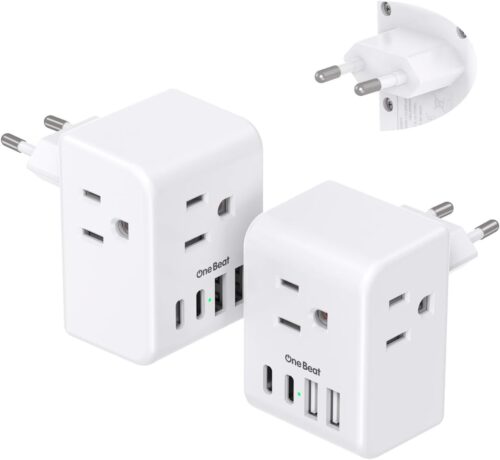 2 Pack European Travel Plug Adapter, International Power Plug Adapter with 3 Outlets 4 USB Charging Ports(2 USB C), Type C Plug Adapter Travel Essentials to Most Europe EU Spain Italy France Germany