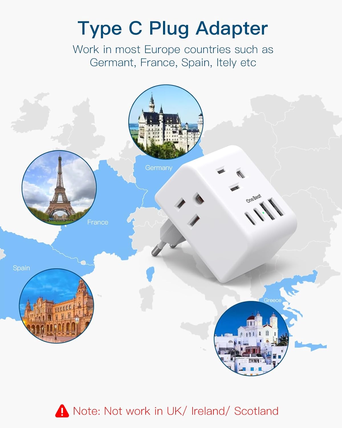 2 Pack European Travel Plug Adapter, International Power Plug Adapter with 3 Outlets 4 USB Charging Ports(2 USB C), Type C Plug Adapter Travel Essentials to Most Europe EU Spain Italy France Germany - Image 3
