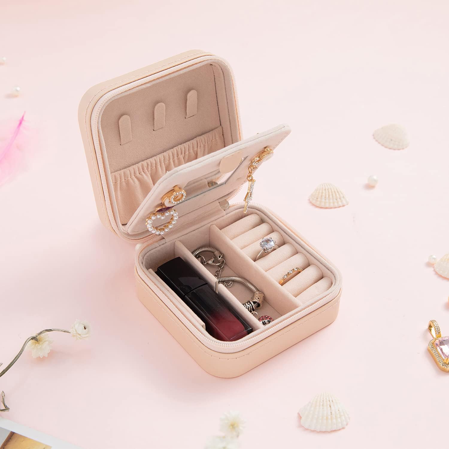 KElofoN Travel jewelry case Travel jewelry box Travel Jewelry Organizer Small box Gift for Girls Women with Mirror(Pink) - Image 6