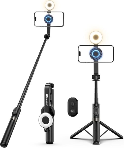 UBeesize Magnetic Selfie Stick Tripod with Dimmable Light and Rechargeable Remote, Portable Travel Phone Tripod Stand for MagSafe and Android Phones, Ideal for Vlogging, Photos, Video Recording
