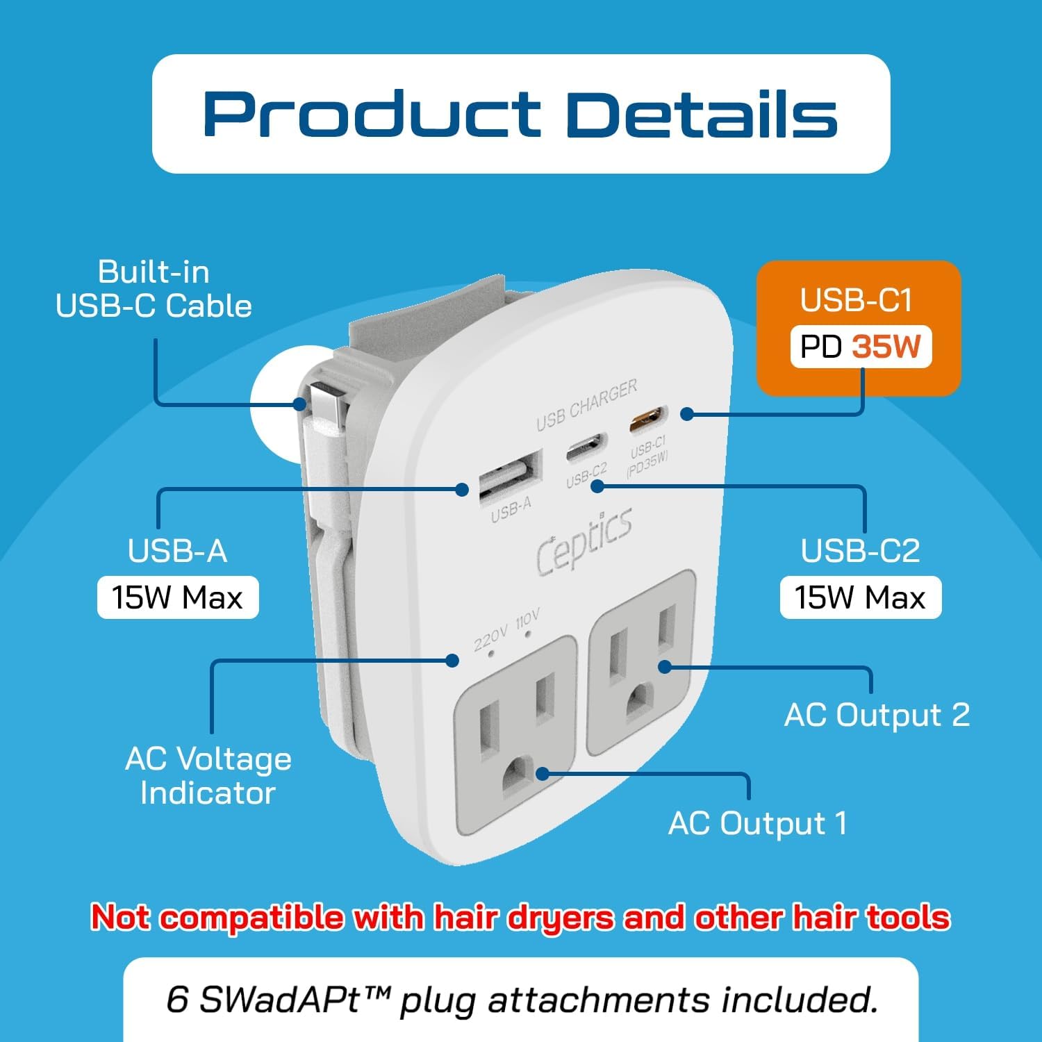 Ceptics 35W Universal Travel Adapter Kit – 2 USA sockets, USB-A, USBC, 1x PD 35W USB-C and USBC Cable, Surge Protected, Plugs for EU, UK, China, AU, Japan - for Laptop, Phone, Camera-ETL Tested - Image 3