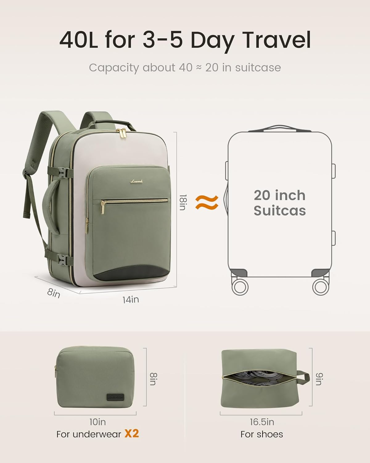 LOVEVOOK 40L Travel Backpack for Women & Men, Airline Approved Carry On Luggage with 3 Packing Cubes, TSA Overnight Bags, Waterproof Personal Item Bag, Weekender Essentials Backpacks fits 17" Laptop - Image 5