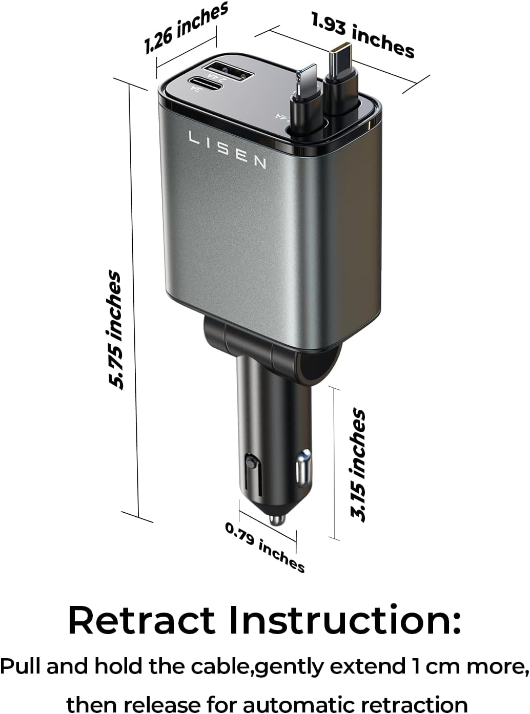 LISEN Retractable Car Charger, 84W Car Charger USB C Fast Charger Adapter for iPhone, Car Accessories for Men Women, Birthday Gifts for Fathers Day for Men Dad Husband, for iPhone 17 16 15 14 13 12 11 - Image 8