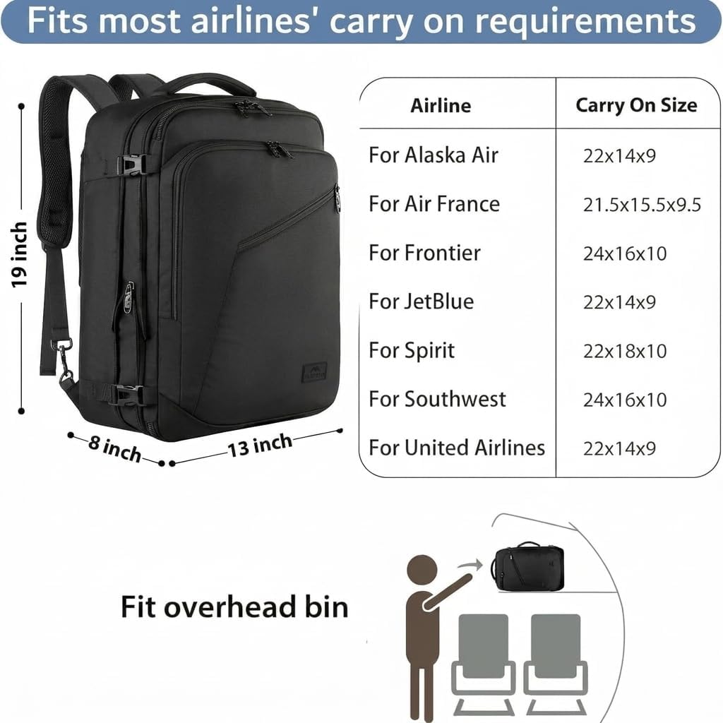 MATEIN Carry on Backpack, Extra Large Travel Backpack Expandable Airplane Approved Weekender Bag for Men and Women, Water Resistant Lightweight Daypack for Flight 40L, Black - Image 2