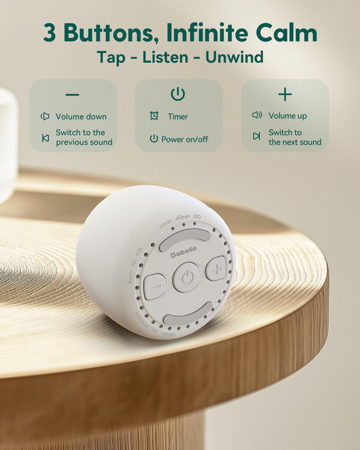Babelio White Noise Sound Machine for Adults Kids Baby, Mini, 15 Non-looping Sounds, Timer, Memory Function, Easy to Pocket and Travel White - Image 5