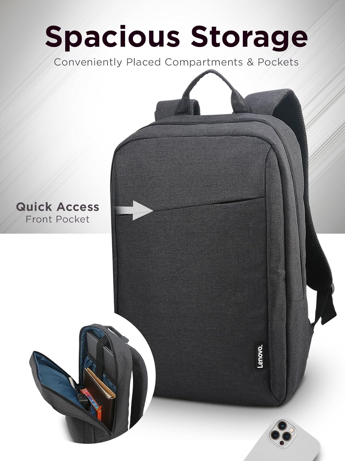 Lenovo Laptop Backpack B210, 15.6-Inch Laptop/Tablet, Durable, Water-Repellent, Lightweight, Clean Design, Sleek for Travel, Business Casual or College, GX40Q17225, Black - Image 2
