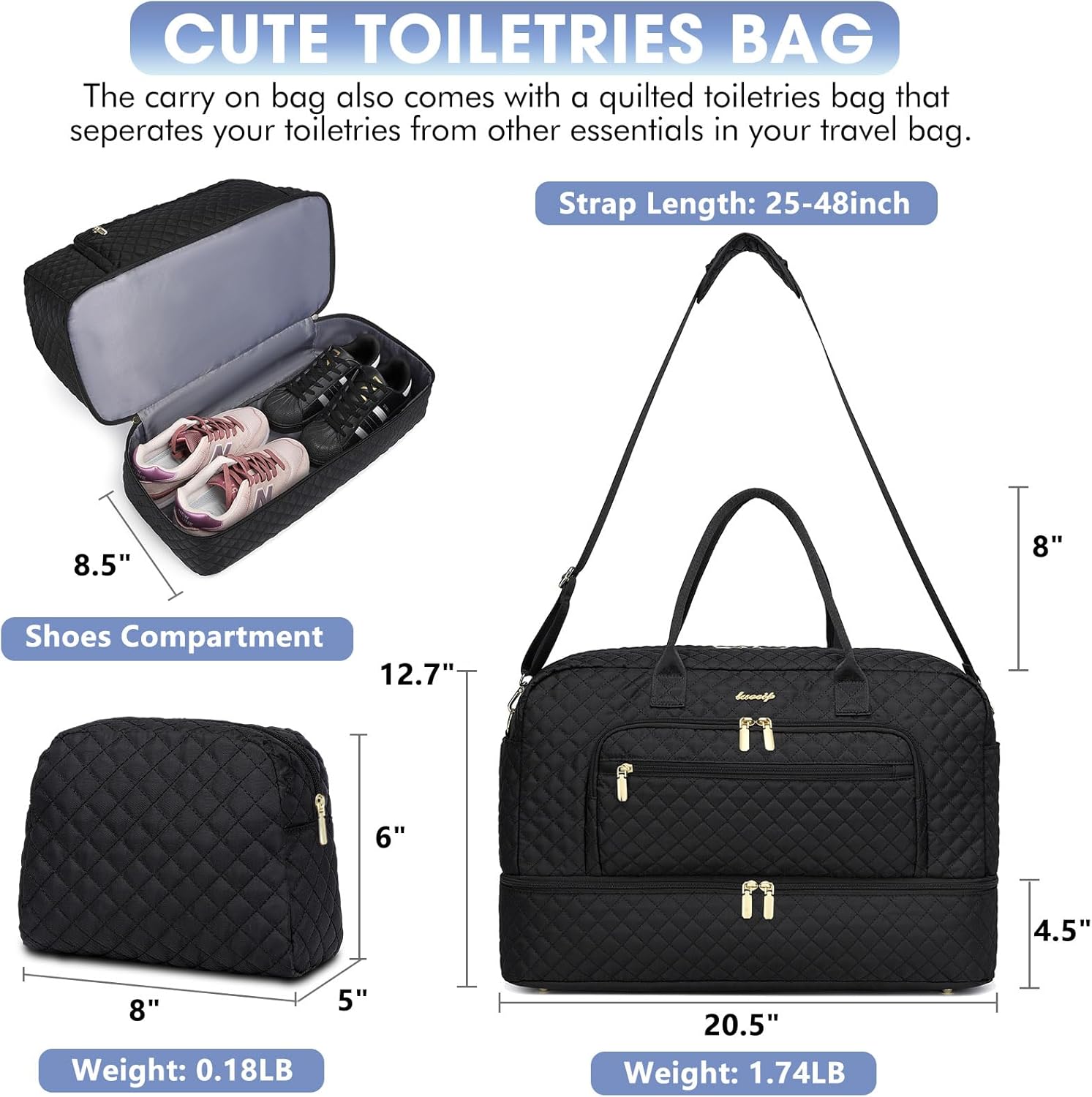 LUOCIP Large Women Travel Duffle Bag, Carry on Bag with Wet Toiletry Pocket for Overnight, Weekend, Yoga, Gym, Business Trips, Sport and Hospital, Black - Image 2