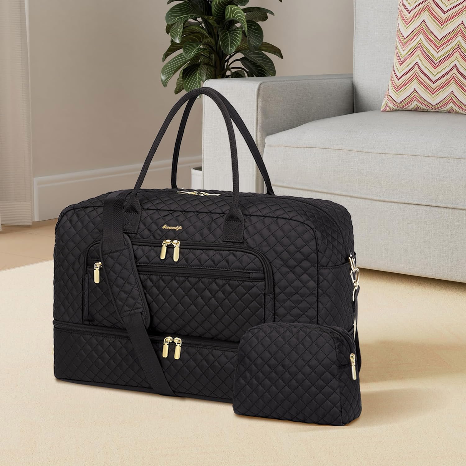 LUOCIP Large Women Travel Duffle Bag, Carry on Bag with Wet Toiletry Pocket for Overnight, Weekend, Yoga, Gym, Business Trips, Sport and Hospital, Black - Image 8