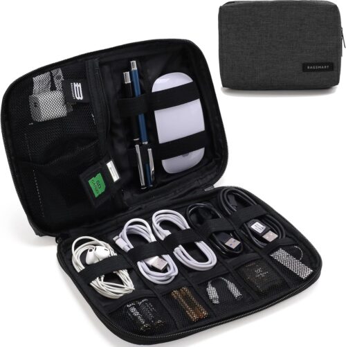 BAGSMART Electronics Organizer Travel Case, Small Cord Bag for Travel Essentials, Tech bag for Men Women, Cable Organizer for Phone, SD Card, Black