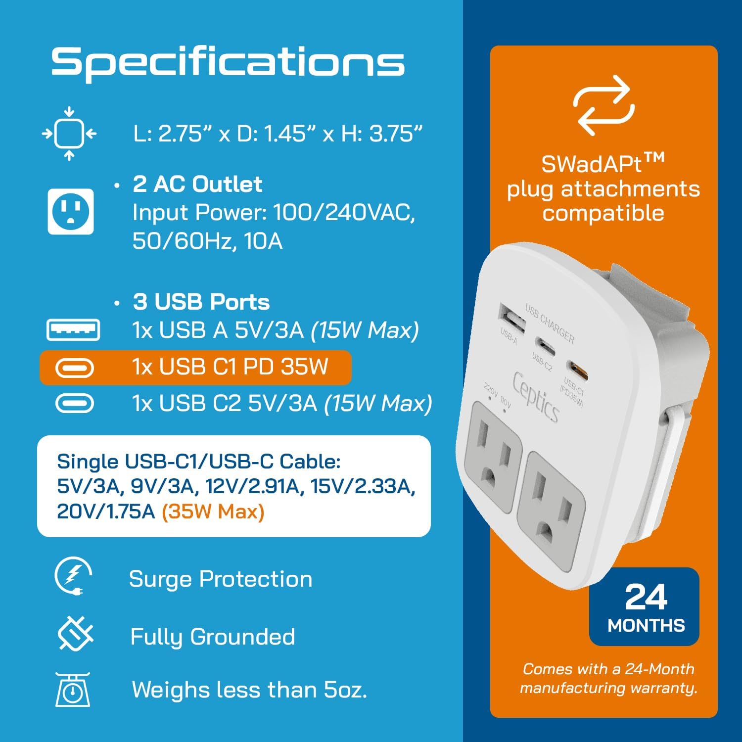 Ceptics 35W Universal Travel Adapter Kit – 2 USA sockets, USB-A, USBC, 1x PD 35W USB-C and USBC Cable, Surge Protected, Plugs for EU, UK, China, AU, Japan - for Laptop, Phone, Camera-ETL Tested - Image 5