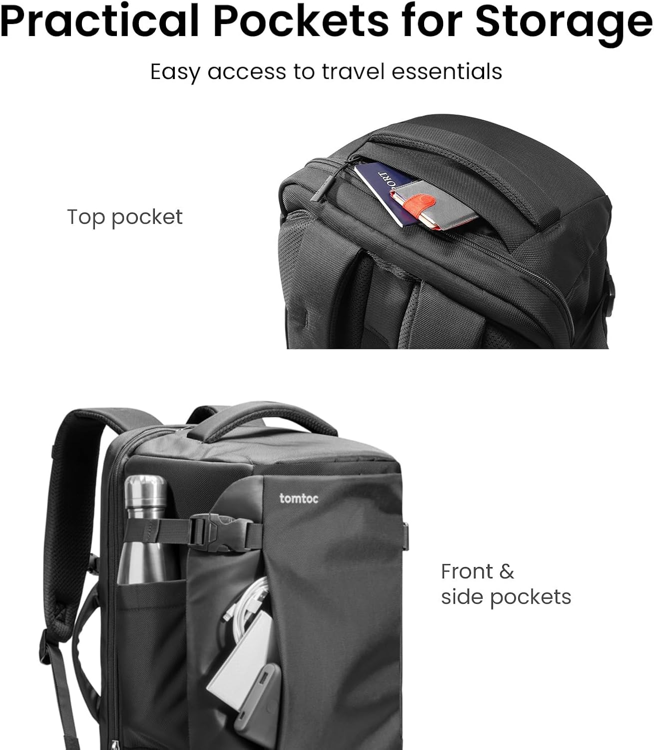tomtoc Travel Backpack 40L, TSA Friendly Flight Approved Carry-on Luggage Hand Water-resistant Lightweight Business Rucksack, Durable Large Weekender Bag Daypack Fits 17.3 Inch Laptop, PFAS Free - Image 6