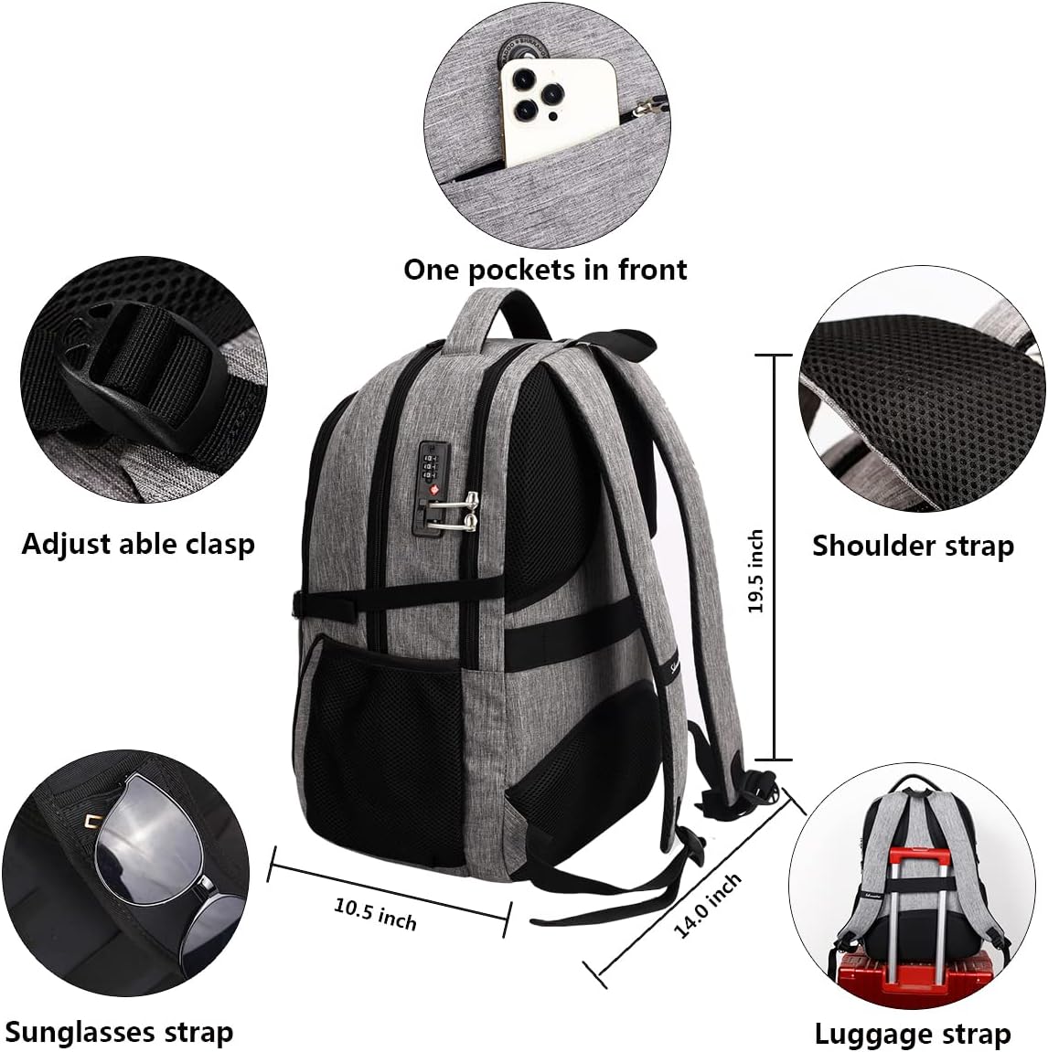 SHRRADOO Anti Theft Laptop Backpack Travel Backpacks with Combination Lock for Women Men College Backpack Computer Bag Fits 17 Inch Laptop,Grey - Image 4