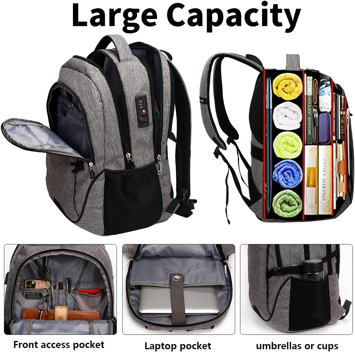 SHRRADOO Anti Theft Laptop Backpack Travel Backpacks with Combination Lock for Women Men College Backpack Computer Bag Fits 17 Inch Laptop,Grey - Image 3