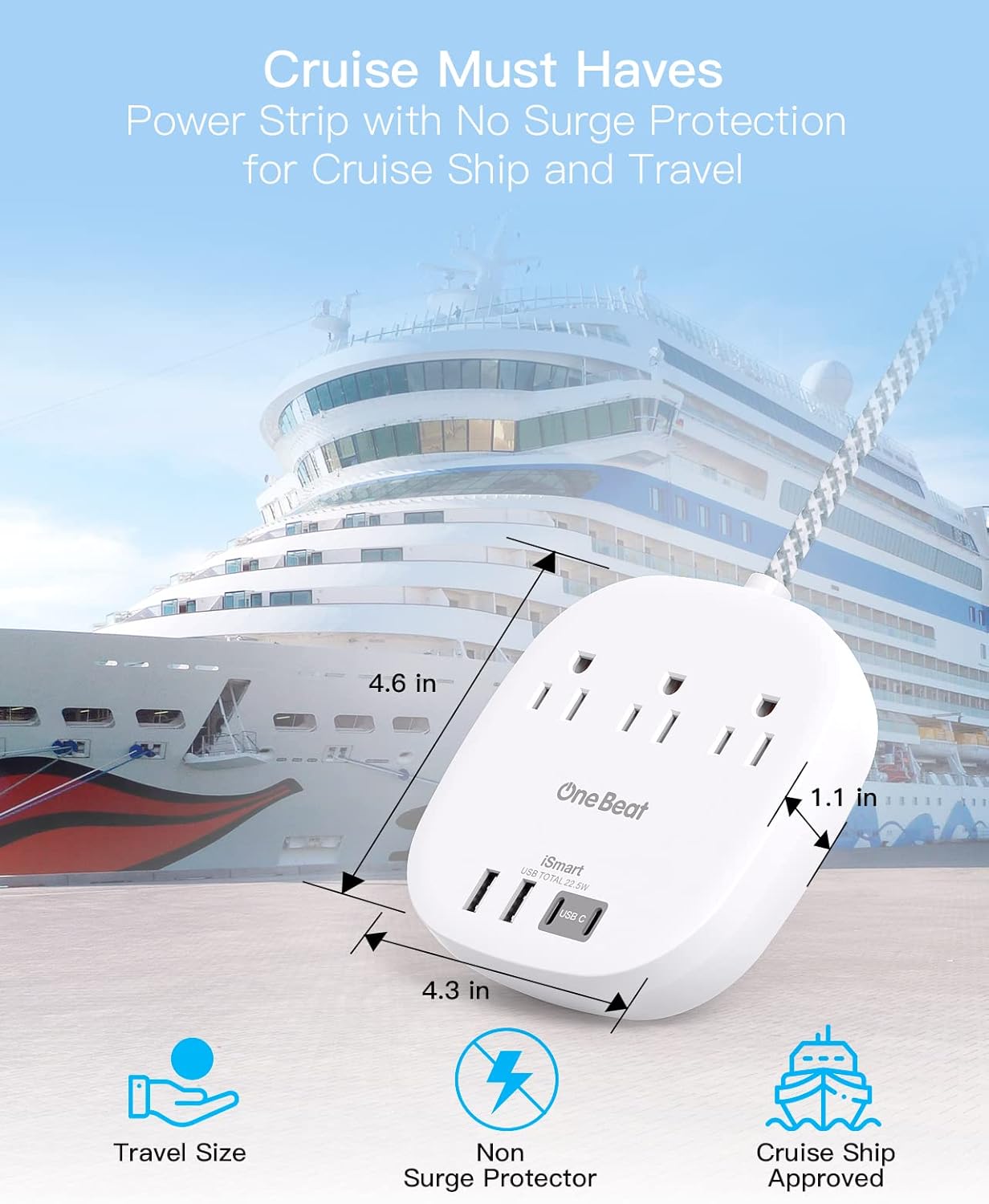 Flat Plug Power Strip, 6ft Ultra Flat Extension Cord - 3 Outlets 4 USB Ports (2 USB C) 22.5W/4.5A Desktop Charging Station, Power Strip No Surge Protection for Cruise Ship, Dorm Room Travel Essentials - Image 3