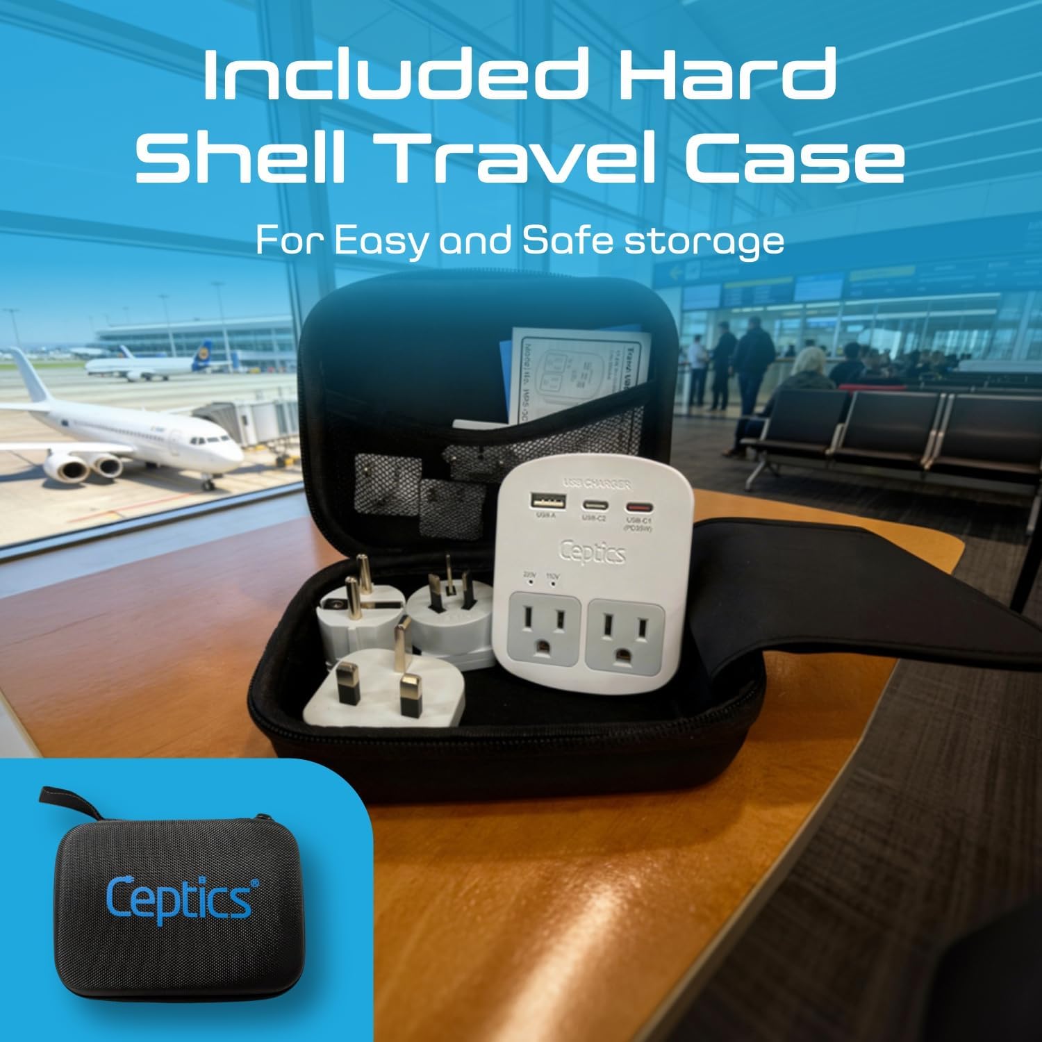 Ceptics 35W Universal Travel Adapter Kit – 2 USA sockets, USB-A, USBC, 1x PD 35W USB-C and USBC Cable, Surge Protected, Plugs for EU, UK, China, AU, Japan - for Laptop, Phone, Camera-ETL Tested - Image 2