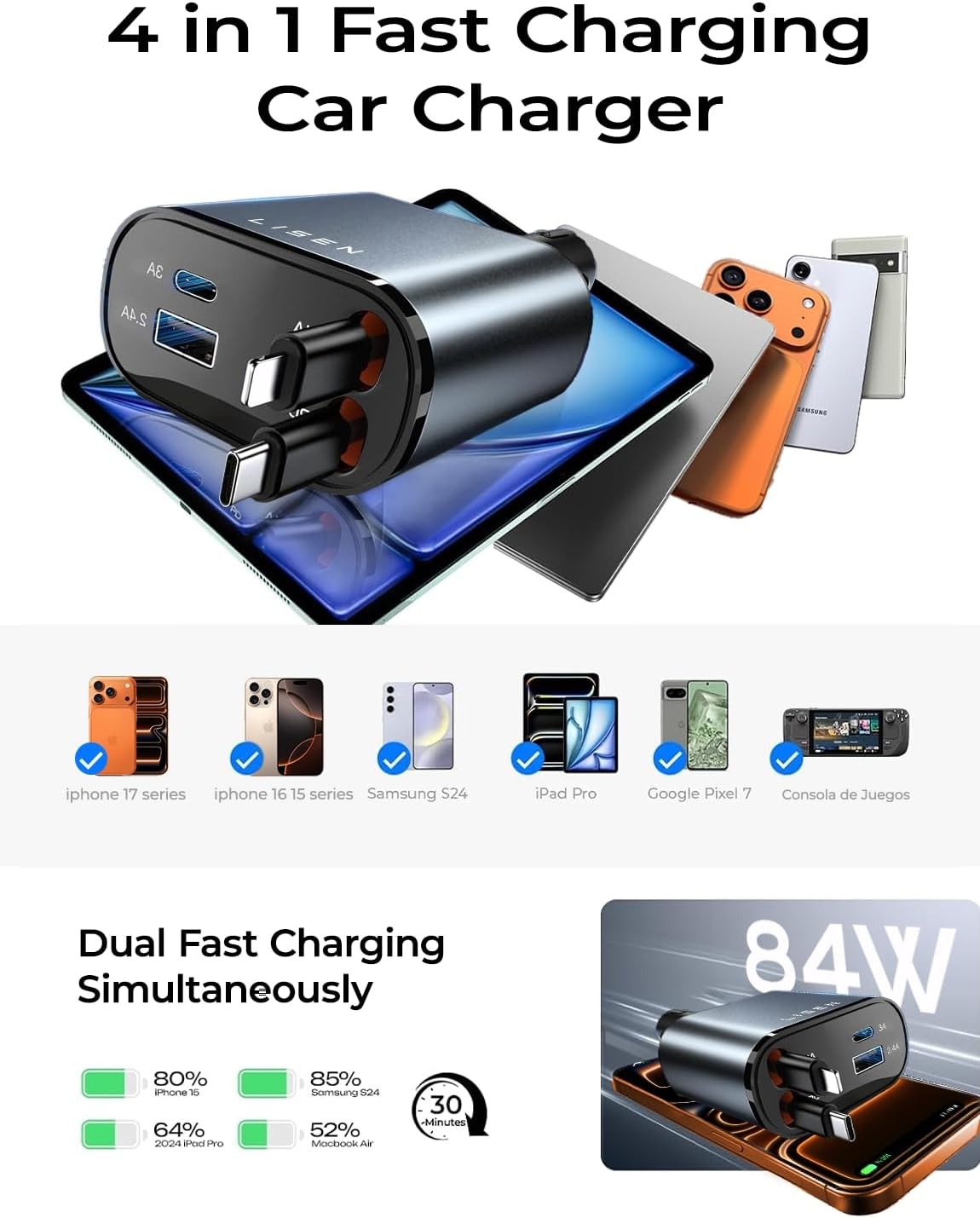 LISEN Retractable Car Charger, 84W Car Charger USB C Fast Charger Adapter for iPhone, Car Accessories for Men Women, Birthday Gifts for Fathers Day for Men Dad Husband, for iPhone 17 16 15 14 13 12 11 - Image 7