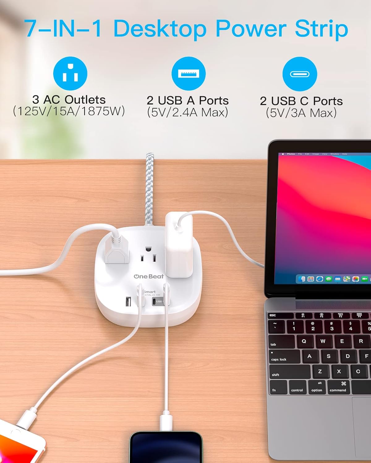 Flat Plug Power Strip, 6ft Ultra Flat Extension Cord - 3 Outlets 4 USB Ports (2 USB C) 22.5W/4.5A Desktop Charging Station, Power Strip No Surge Protection for Cruise Ship, Dorm Room Travel Essentials - Image 6