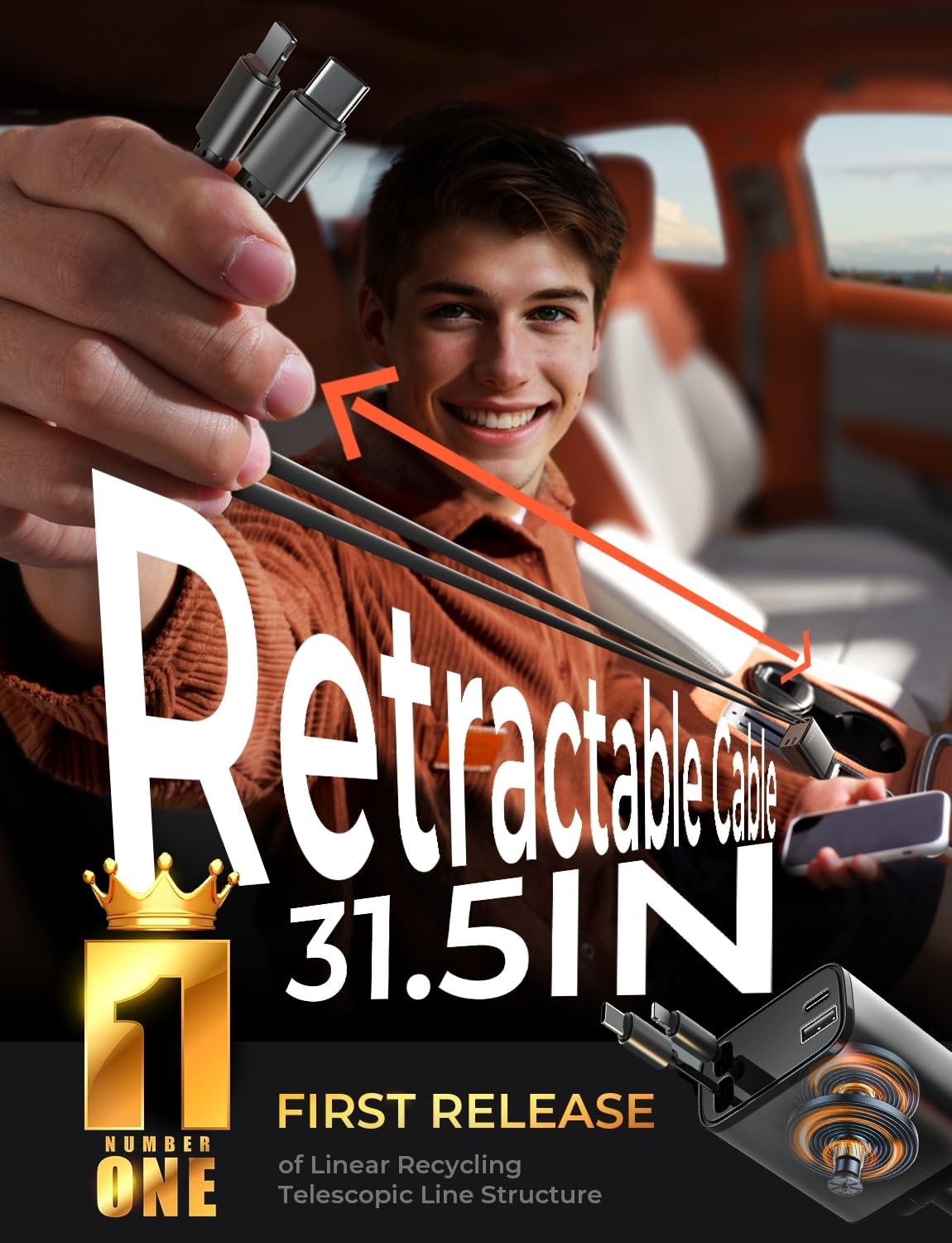 LISEN Retractable Car Charger, 84W Car Charger USB C Fast Charger Adapter for iPhone, Car Accessories for Men Women, Birthday Gifts for Fathers Day for Men Dad Husband, for iPhone 17 16 15 14 13 12 11 - Image 3