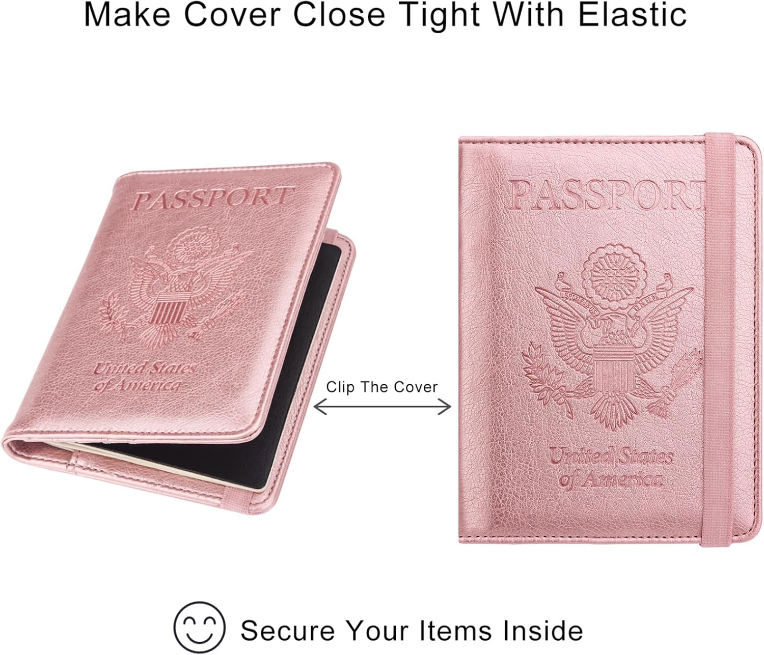 WALNEW Passport Holder for Travel, RFID Passport Cover Wallet for Women Men, PU Leather Passport Book Card Holder Case with Pen (Elastic Band Closure, A-Rosegold) - Image 4