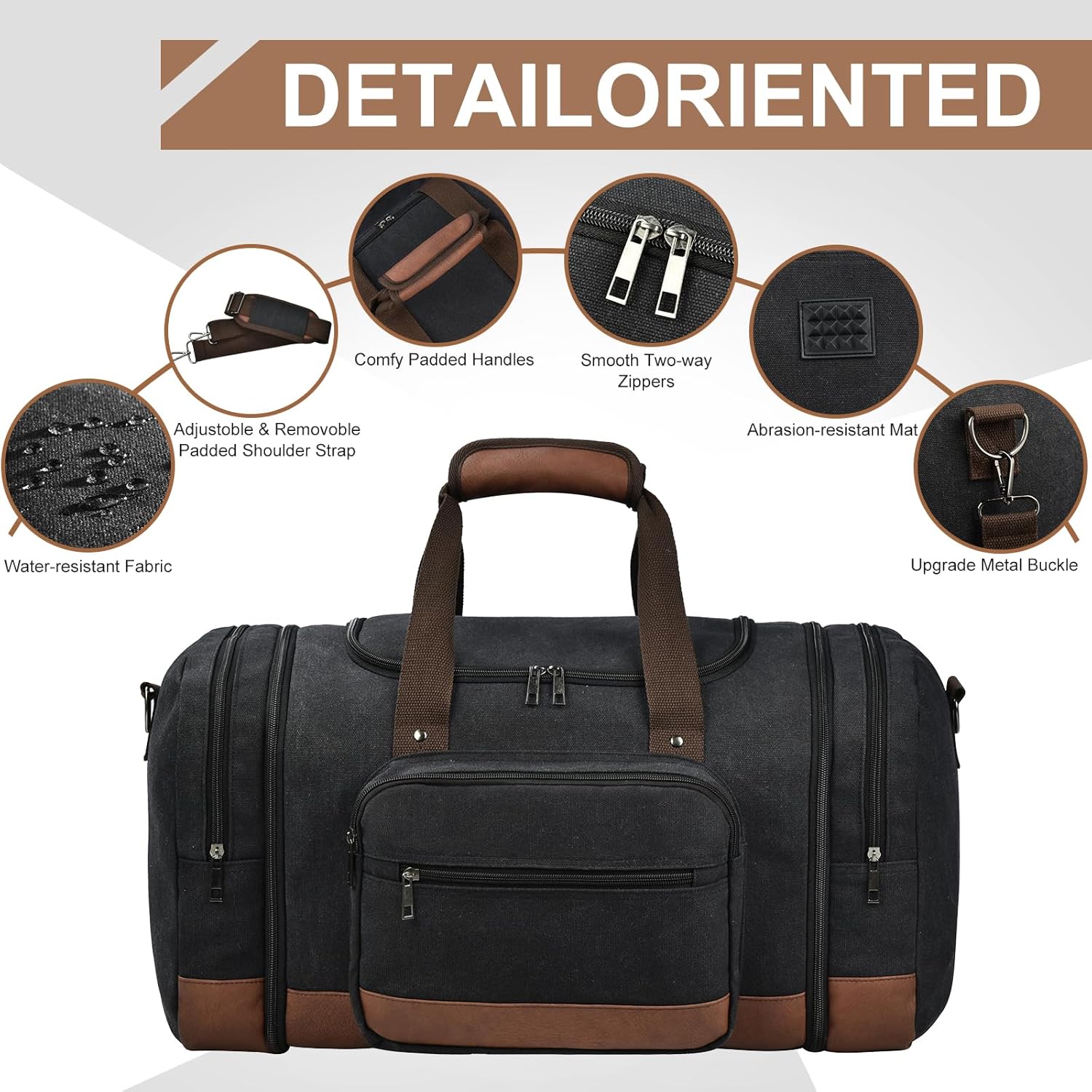 Litvyak Duffle Bag for Travel, 50L Canvas Travel Duffel Bags Overnight Weekend Gym Carry On Luggage Bag for Men & Women(Black) - Image 5