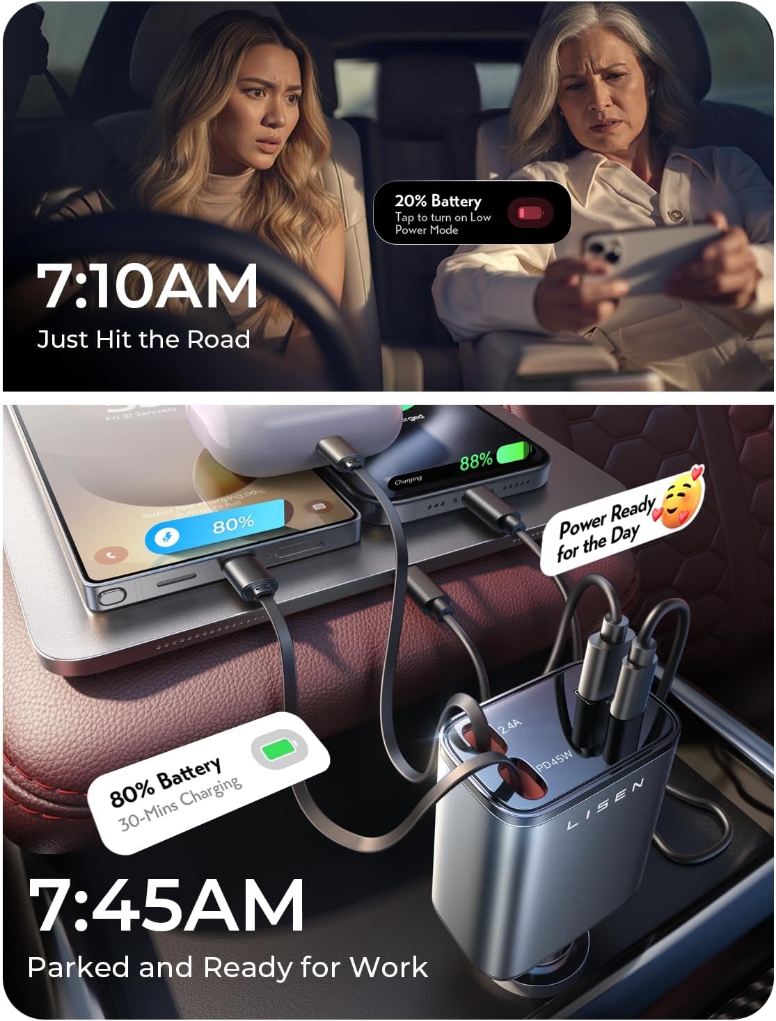 LISEN Retractable Car Charger, 84W Car Charger USB C Fast Charger Adapter for iPhone, Car Accessories for Men Women, Birthday Gifts for Fathers Day for Men Dad Husband, for iPhone 17 16 15 14 13 12 11 - Image 5