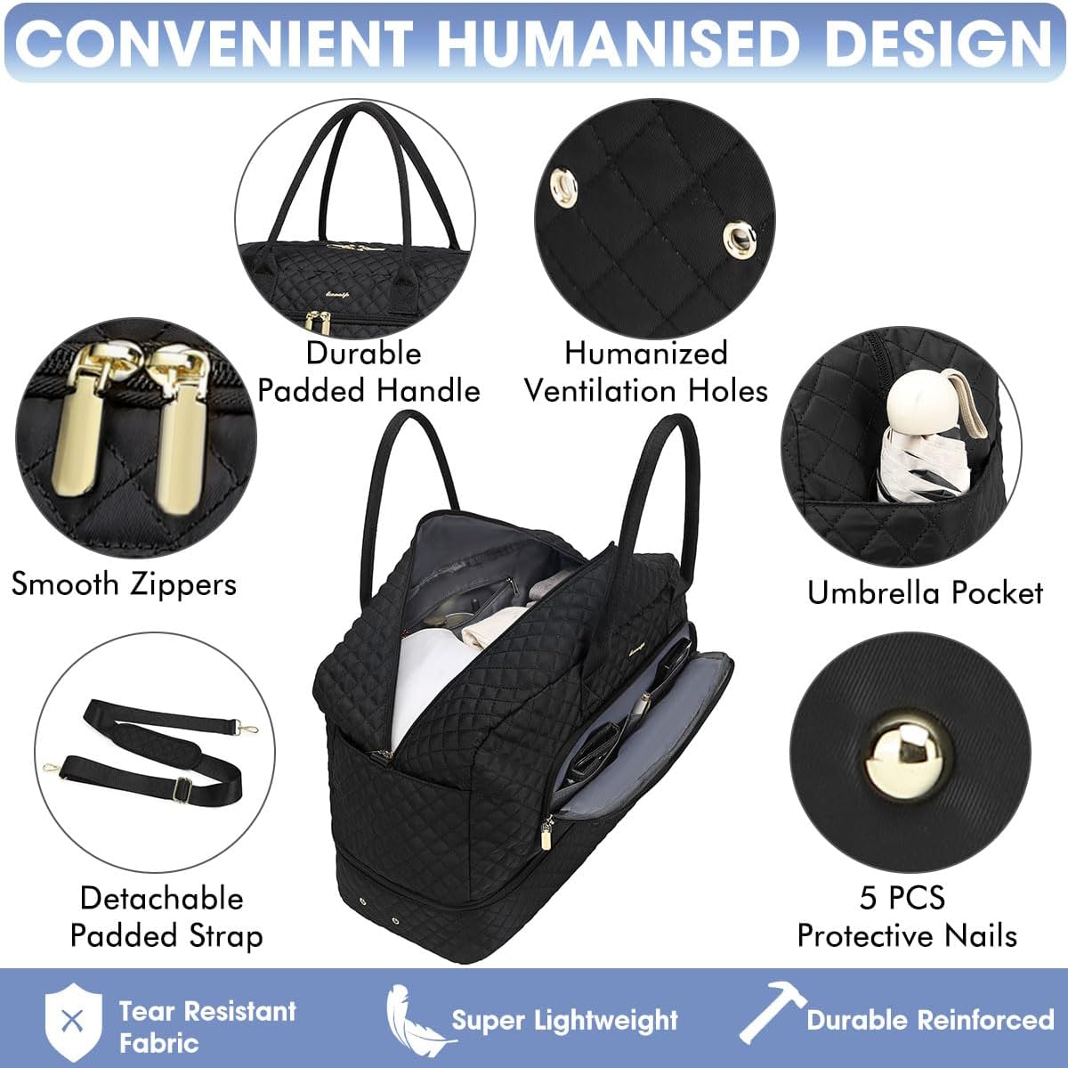 LUOCIP Large Women Travel Duffle Bag, Carry on Bag with Wet Toiletry Pocket for Overnight, Weekend, Yoga, Gym, Business Trips, Sport and Hospital, Black - Image 3