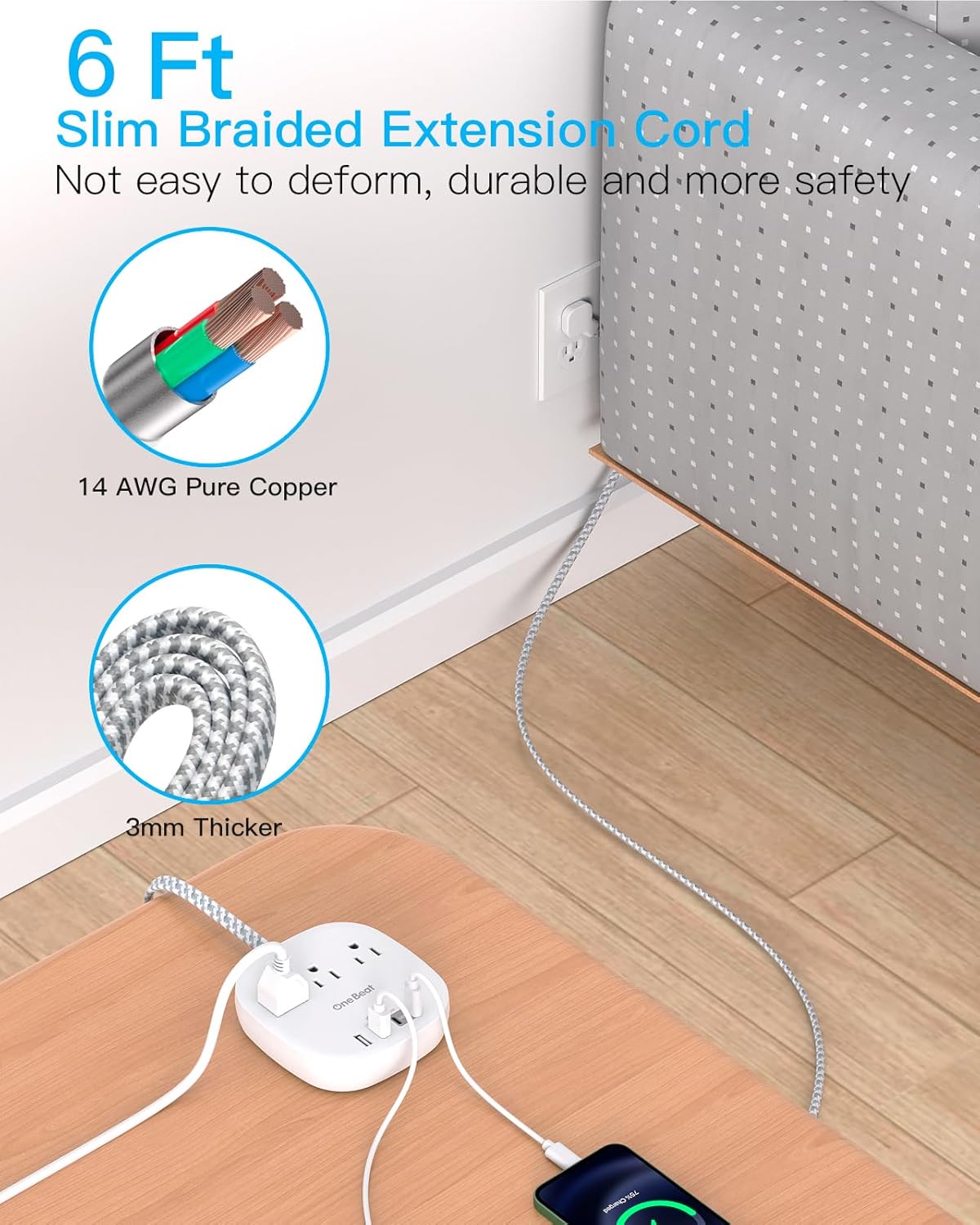Flat Plug Power Strip, 6ft Ultra Flat Extension Cord - 3 Outlets 4 USB Ports (2 USB C) 22.5W/4.5A Desktop Charging Station, Power Strip No Surge Protection for Cruise Ship, Dorm Room Travel Essentials - Image 5