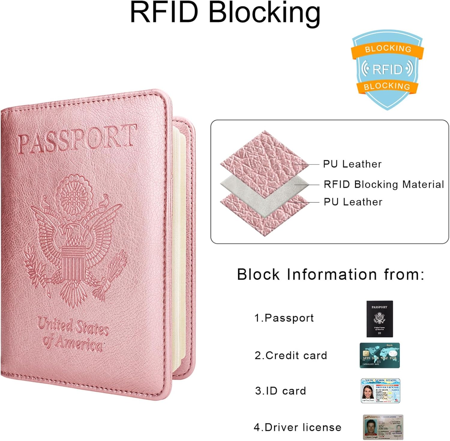 WALNEW Passport Holder for Travel, RFID Passport Cover Wallet for Women Men, PU Leather Passport Book Card Holder Case with Pen (Elastic Band Closure, A-Rosegold) - Image 3