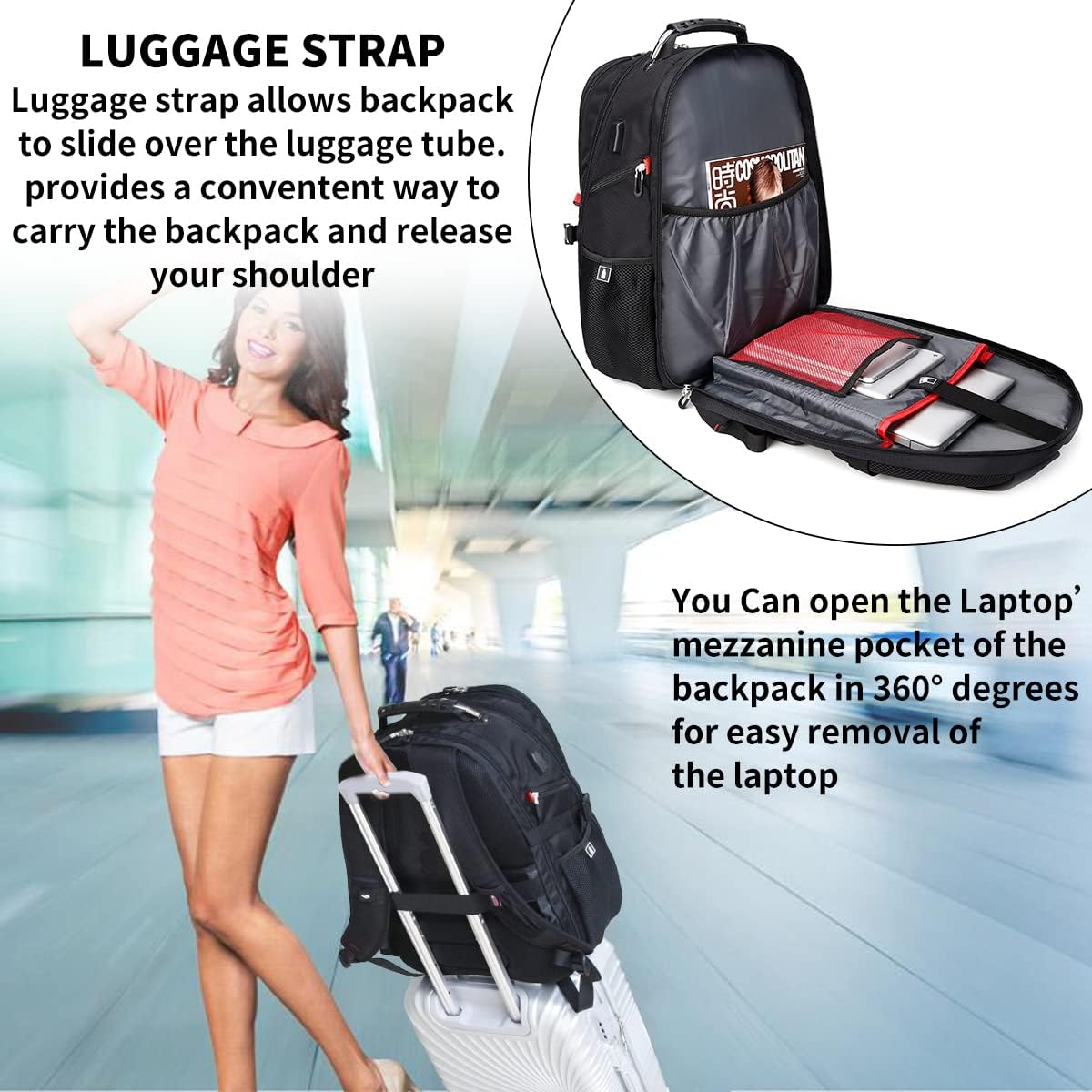 SHRRADOO Extra Large 50L Travel Laptop Backpack with combination lock, College Backpack Airline Approved Business Work Bag Fit 17 Inch Laptops for Men Women,Black - Image 6