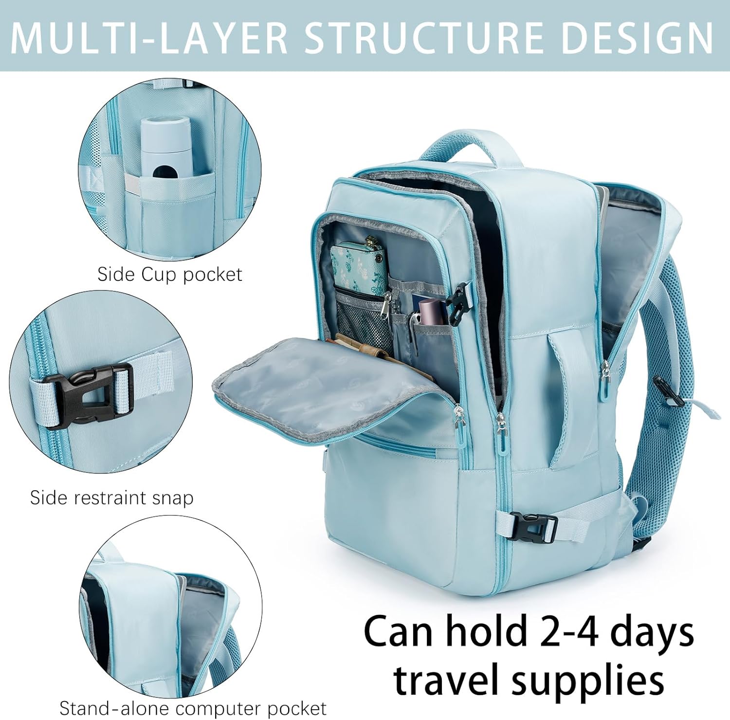 Sowaovut Travel Laptop Backpack, Extra Large High School College Backpacks, Flight Approved Daypack Business Bag Fit 17.3 inch Laptop for Men Women (Light Blue) - Image 4