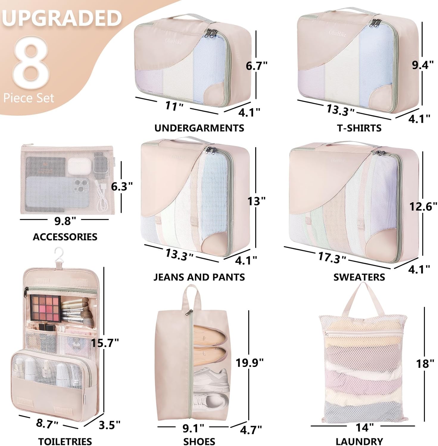 8 Set Packing Cubes for Travel, Gifts for Women Mom,Anti-Tearing Suitcase Organizer for Luggage with Shoe & Hanging Toiletry Bag,OlarHike Vacation Essentials & Accessories for Cruise Ship - Image 2