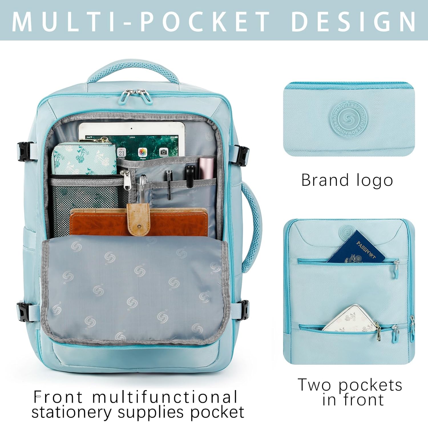 Sowaovut Travel Laptop Backpack, Extra Large High School College Backpacks, Flight Approved Daypack Business Bag Fit 17.3 inch Laptop for Men Women (Light Blue) - Image 5