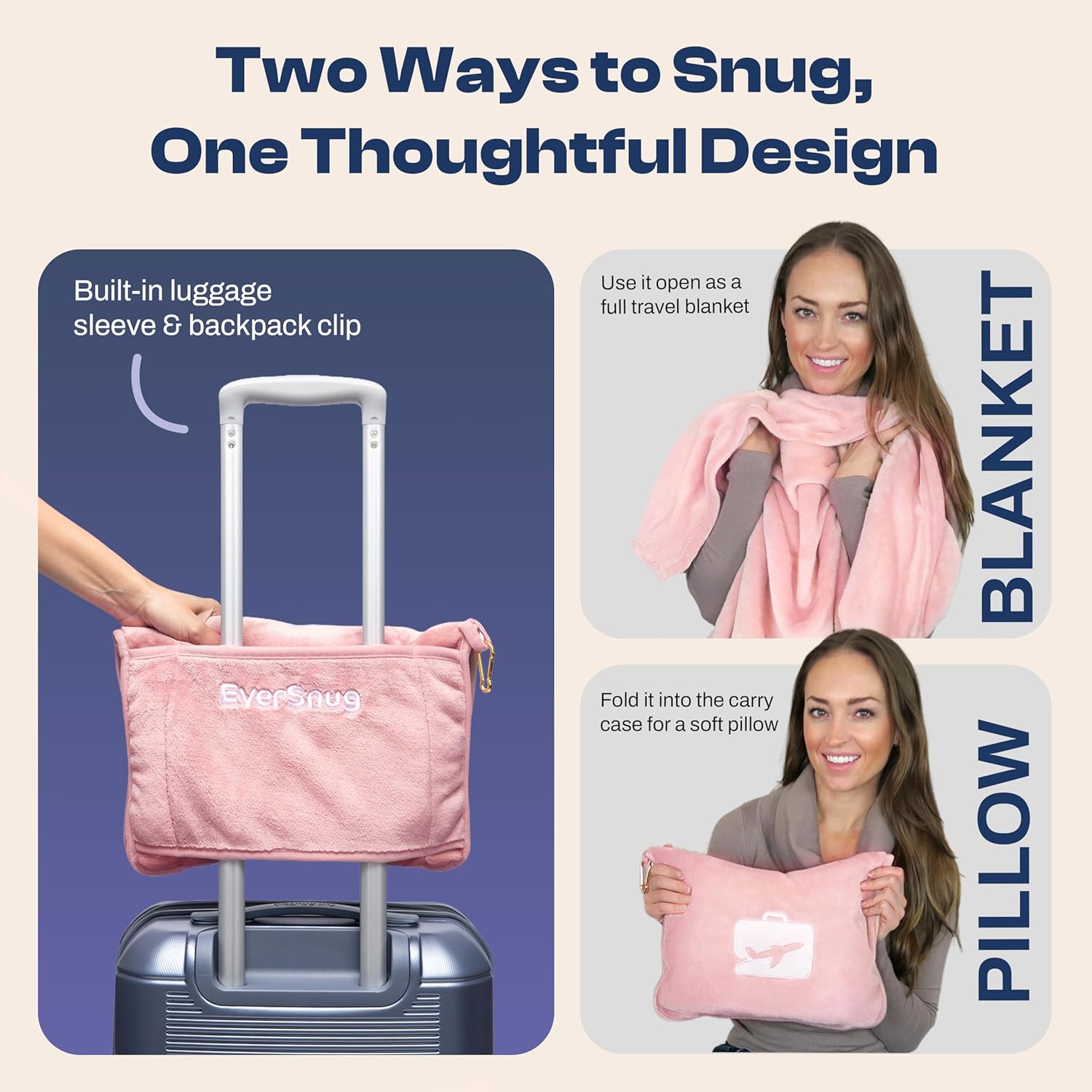 EverSnug Travel Blanket and Pillow - Ultra-Soft, Compact & Lightweight, 65x40 Inches, with Carry Case, Luggage Sleeve & Backpack Clip for Airplane Comfort (Light Pink) - Image 3