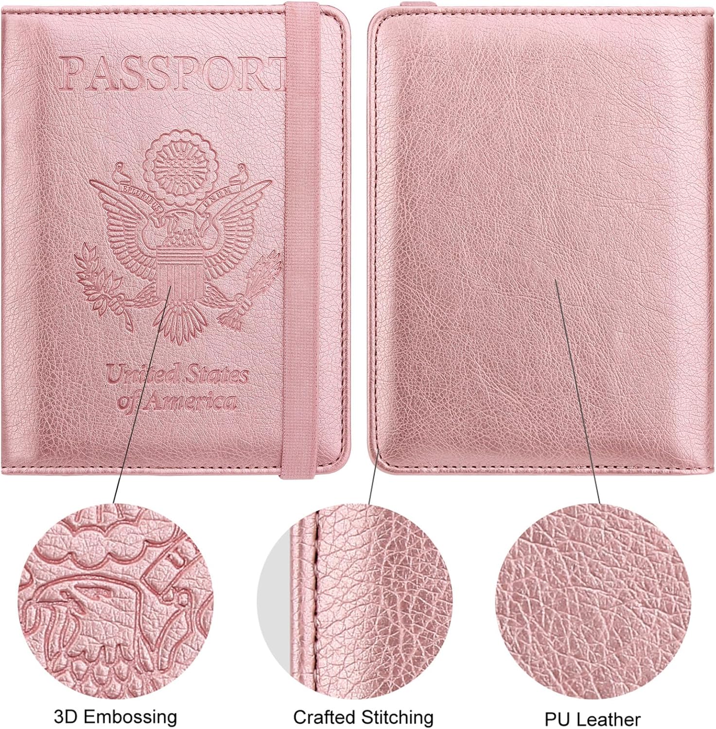 WALNEW Passport Holder for Travel, RFID Passport Cover Wallet for Women Men, PU Leather Passport Book Card Holder Case with Pen (Elastic Band Closure, A-Rosegold) - Image 5