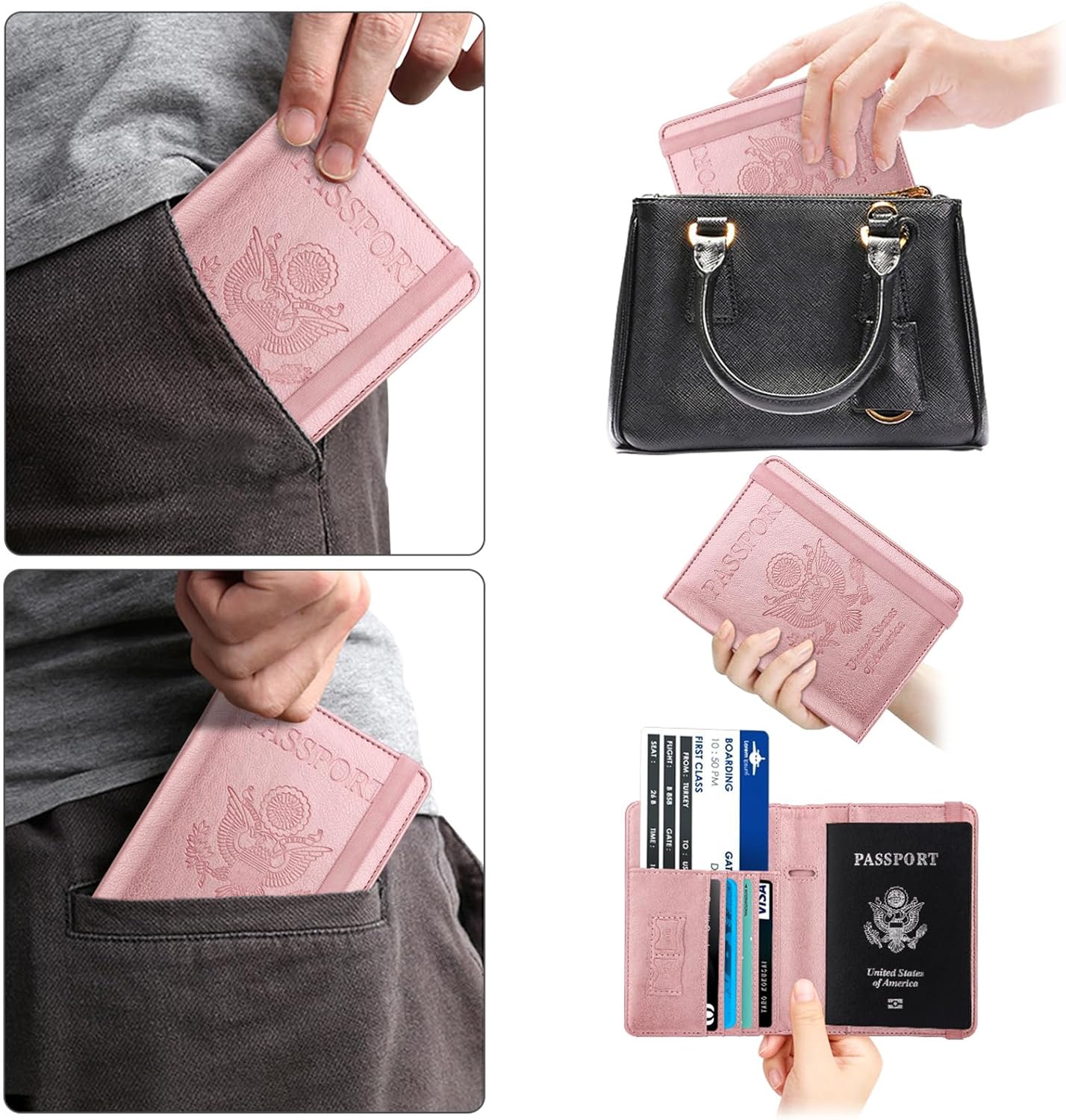 WALNEW Passport Holder for Travel, RFID Passport Cover Wallet for Women Men, PU Leather Passport Book Card Holder Case with Pen (Elastic Band Closure, A-Rosegold) - Image 6