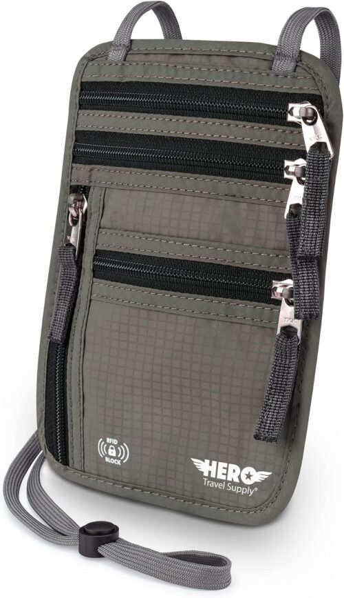 HERO Neck Wallet - RFID Blocking Passport Holder, Easy to Conceal Travel Pouch (Army Grey)