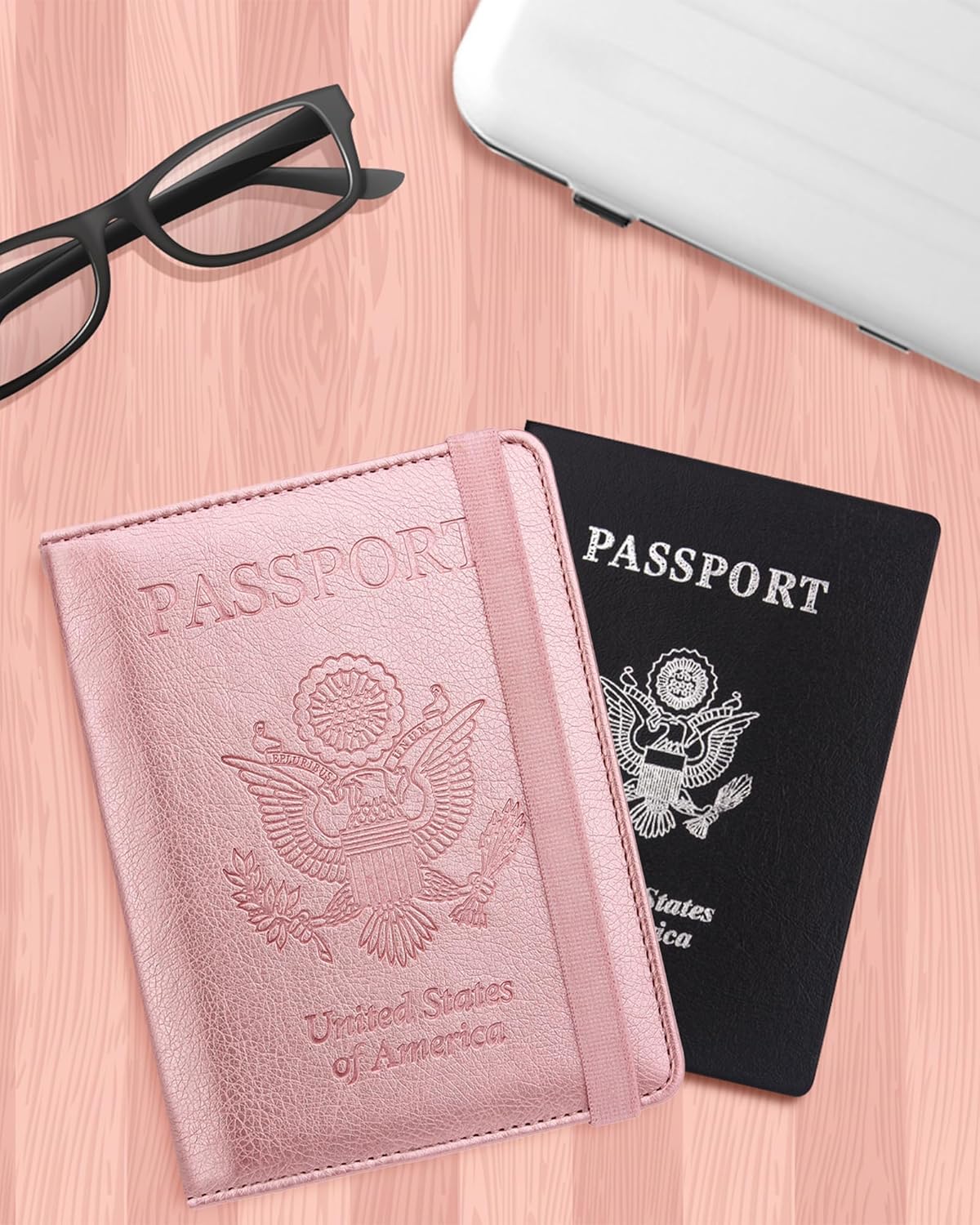 WALNEW Passport Holder for Travel, RFID Passport Cover Wallet for Women Men, PU Leather Passport Book Card Holder Case with Pen (Elastic Band Closure, A-Rosegold) - Image 7