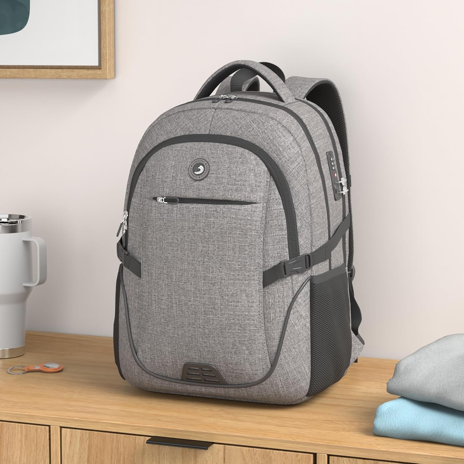 SHRRADOO Anti Theft Laptop Backpack Travel Backpacks with Combination Lock for Women Men College Backpack Computer Bag Fits 17 Inch Laptop,Grey - Image 2