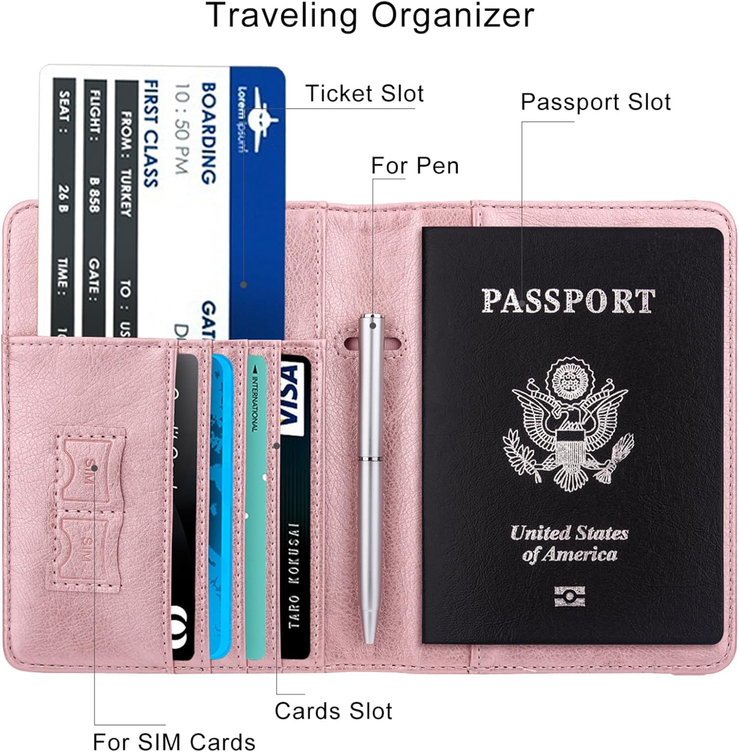 WALNEW Passport Holder for Travel, RFID Passport Cover Wallet for Women Men, PU Leather Passport Book Card Holder Case with Pen (Elastic Band Closure, A-Rosegold) - Image 2