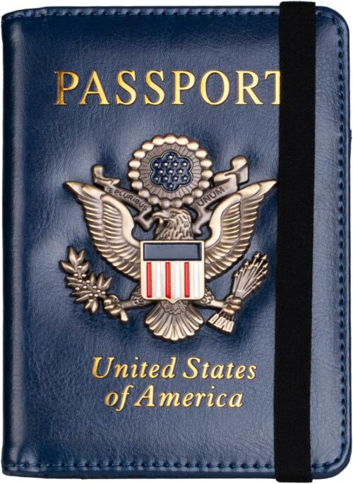 TOURSUIT RFID Blocking Passport Holder for Women Men, Leather Passport Travel Wallet with 3D Metal Badge, Travel Document Holder Cover Accessories (Dark Blue)