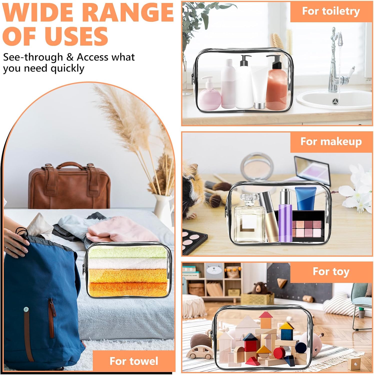 AURUZA Clear Makeup Bag,Portable Travel Toiletry Bags with Zipper, TSA Approved Clear Organizer Bags, PVC Cosmetic Pouch for Airport Airline Compliant - Image 6