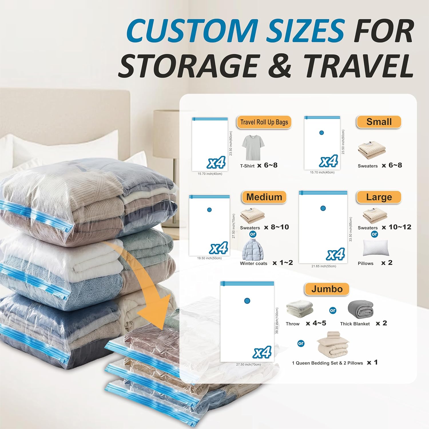Cozy Essential Vacuum Storage Bags, 80% Compression Vacuum Seal Space Saver Plastic Packaging Bags for Clothes, Blankets, Pillow, Bedding, Comforters, Sealer Clothing Storage,20 Combo - Image 3