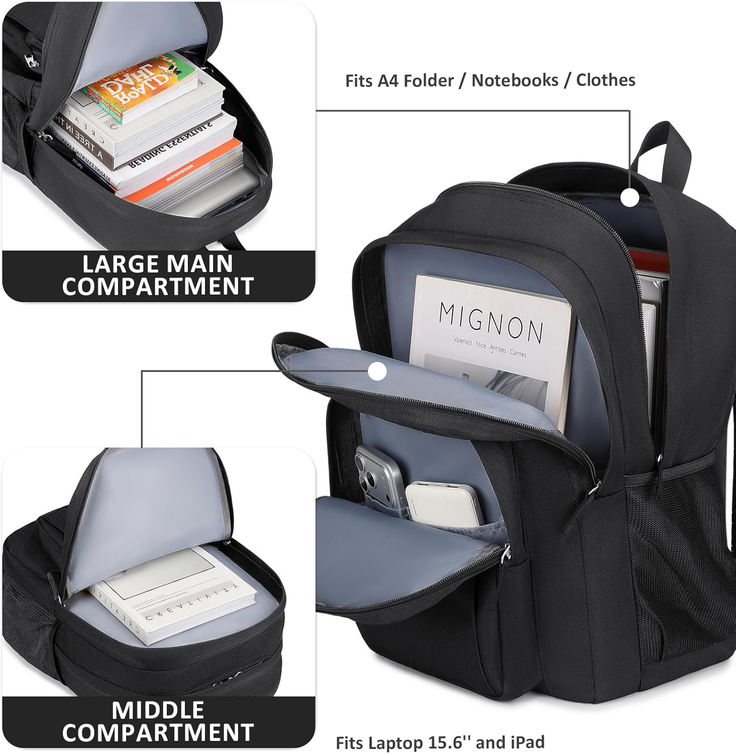abshoo Classical Basic Womens Travel Backpack For College Men Water Resistant Bookbag (Black) - Image 2