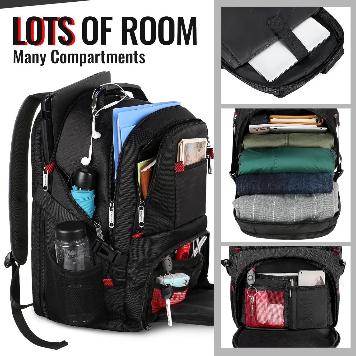 YOREPEK Large Backpack for Men, Extra Large Laptop Backpacks for Men Women, Water Resistant Travel Backpack Airline Approved Business Work Bag Fits 17 Inch Computer, Black - Image 2