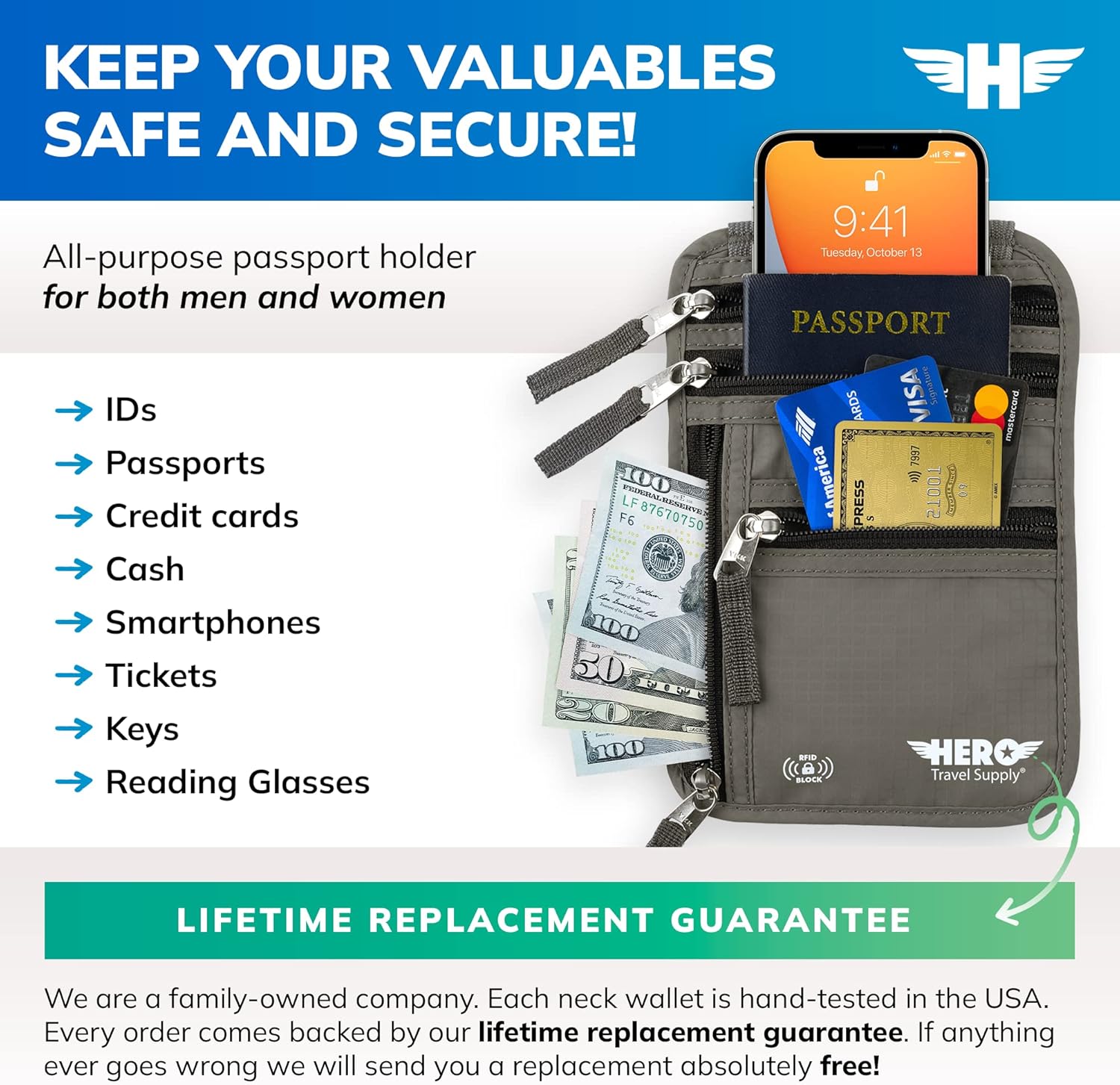 HERO Neck Wallet - RFID Blocking Passport Holder, Easy to Conceal Travel Pouch (Army Grey) - Image 3