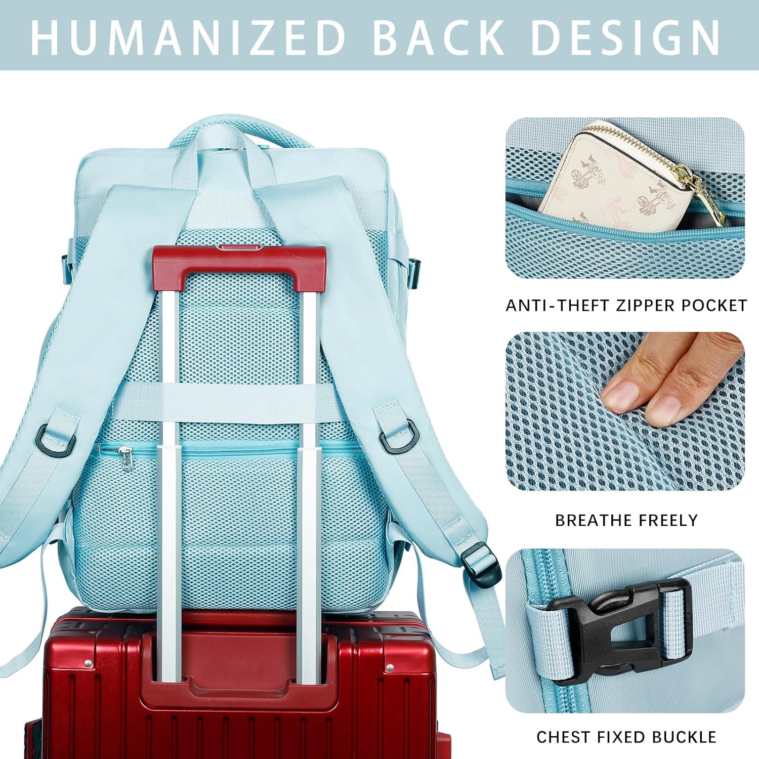 Sowaovut Travel Laptop Backpack, Extra Large High School College Backpacks, Flight Approved Daypack Business Bag Fit 17.3 inch Laptop for Men Women (Light Blue) - Image 6