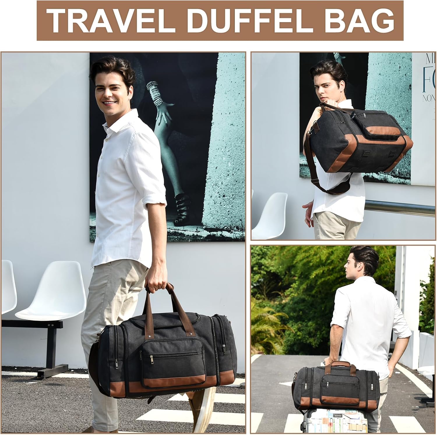 Litvyak Duffle Bag for Travel, 50L Canvas Travel Duffel Bags Overnight Weekend Gym Carry On Luggage Bag for Men & Women(Black) - Image 2