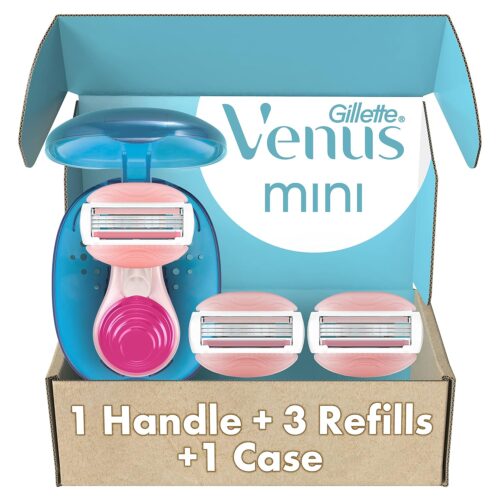 Gillette Venus Mini On The Go Women's Razor Handle with 3 ComfortGlide White Tea Scent Blade Refills + 1 Travel Case