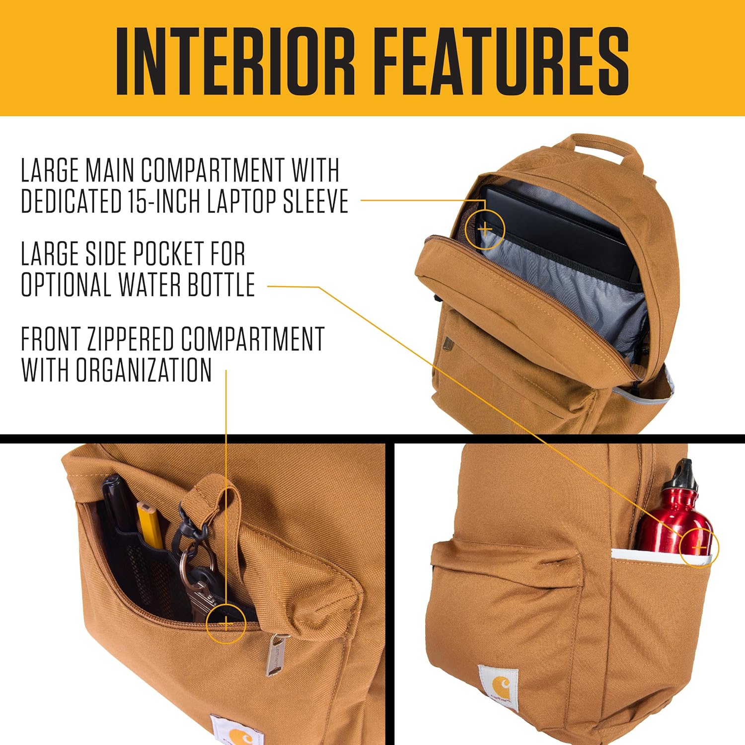Carhartt 21L Classic Laptop Backpack, Water-Resistant Pack W/ 15" Laptop Sleeve and Organizational Compartments, Carhartt Brown - Image 3